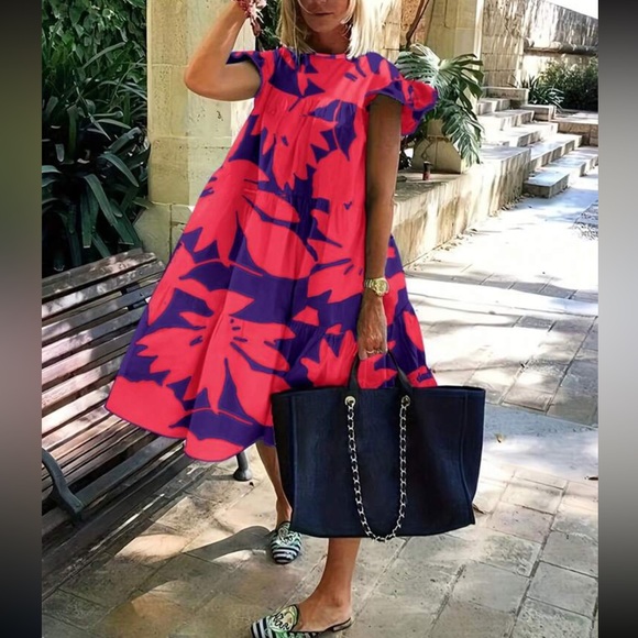 Boho floral tropical print ruffle hem vacation dress - Picture 5 of 10